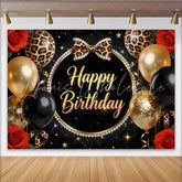 Lofaris Black Gold Leopard Print Happy Birthday Backdrop with Balloons Elegant Party Decor for Women Girls Birthday Celebration