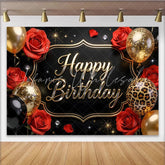 Lofaris Black Gold Red Rose Birthday Backdrop with Glitter Balloons and Leopard Print Elegant Party Background for Women