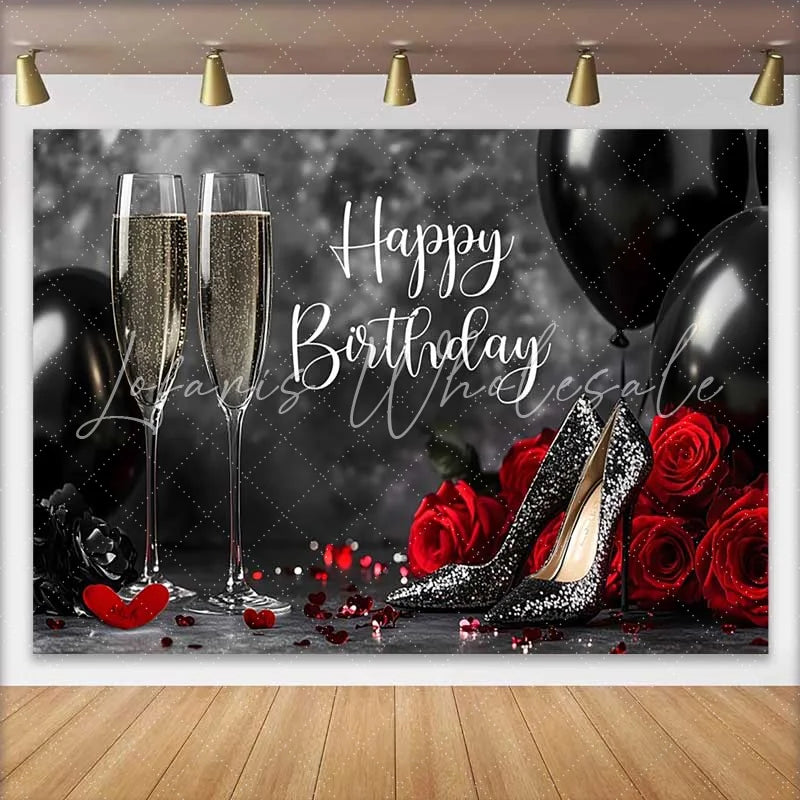 Lofaris Black Red and Gold Happy Birthday Backdrop with Champagne Glitter Heels and Roses for Elegant Party Celebration