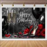 Lofaris Black Red and Gold Happy Birthday Backdrop with Champagne Glitter Heels and Roses for Elegant Party Celebration