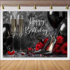 Lofaris Black Red and Gold Happy Birthday Backdrop with Champagne Glitter Heels and Roses for Elegant Party Celebration