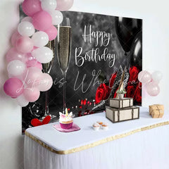 Lofaris Black Red and Gold Happy Birthday Backdrop with Champagne Glitter Heels and Roses for Elegant Party Celebration