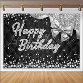 Lofaris Black Silver Glitter Happy Birthday Party Backdrop with Elegant Diamonds and Bow for Celebration Decor