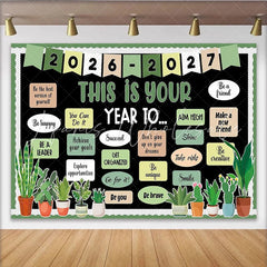 Lofaris Black ’This Is Your Year To’ Photography Backdrop with Green Plants Inspirational Quote Background for Classroom Decor or Studio