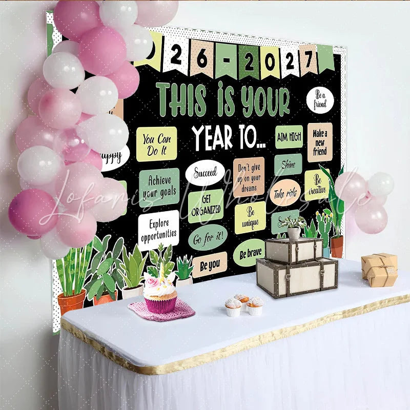 Lofaris Black ’This Is Your Year To’ Photography Backdrop with Green Plants Inspirational Quote Background for Classroom Decor or Studio