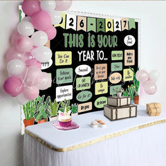 Lofaris Black ’This Is Your Year To’ Photography Backdrop with Green Plants Inspirational Quote Background for Classroom Decor or Studio