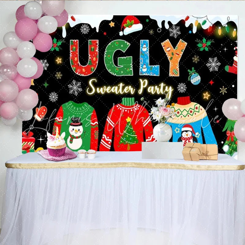 Lofaris Black Ugly Sweater Party Backdrop Neon Style Christmas Sweaters Photography Background Xmas Holiday Party Decoration Prop