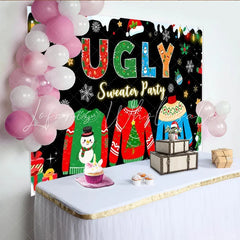 Lofaris Black Ugly Sweater Party Backdrop Neon Style Christmas Sweaters Photography Background Xmas Holiday Party Decoration Prop