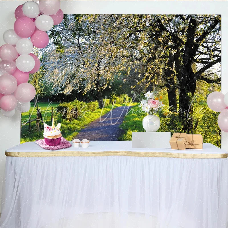 Lofaris Blooming Spring Path Photography Backdrop with Green Trees Natural Scenery Background for Outdoor Photoshoot