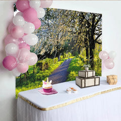 Lofaris Blooming Spring Path Photography Backdrop with Green Trees Natural Scenery Background for Outdoor Photoshoot