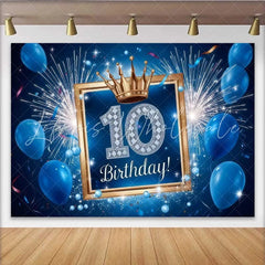 Lofaris Blue and Gold 10th Birthday Backdrop Fireworks and Balloons Sporty Boy Party Banner