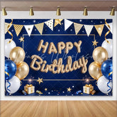 Lofaris Blue and Gold Balloon Happy Birthday Backdrop with Stars and Ribbons Elegant Party Decoration Background for Photography