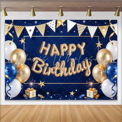 Lofaris Blue and Gold Balloon Happy Birthday Backdrop with Stars and Ribbons Elegant Party Decoration Background for Photography