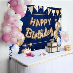 Lofaris Blue and Gold Balloon Happy Birthday Backdrop with Stars and Ribbons Elegant Party Decoration Background for Photography