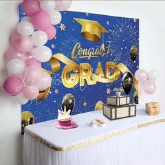 Lofaris Blue and Gold Congrats Grad Graduation Backdrop with Balloons Elegant Party Background for Ceremony Photoshoot