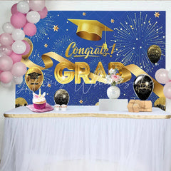 Lofaris Blue and Gold Congrats Grad Graduation Backdrop with Balloons Elegant Party Background for Ceremony Photoshoot