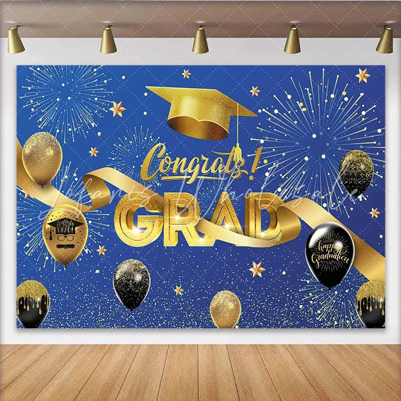 Lofaris Blue and Gold Congrats Grad Graduation Backdrop with Balloons Elegant Party Background for Ceremony Photoshoot