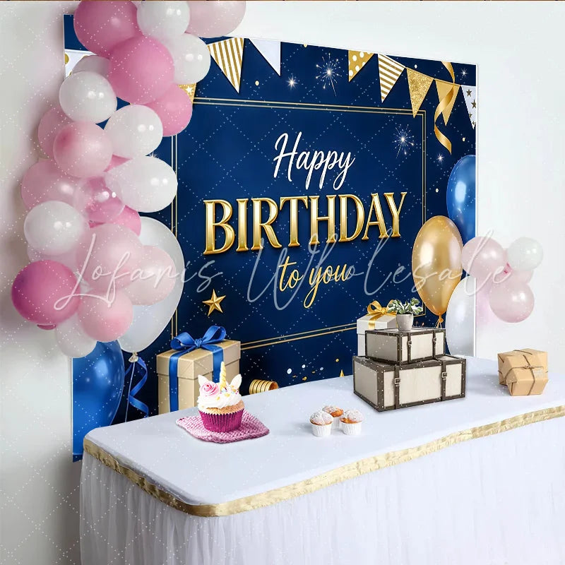 Lofaris Blue and Gold Happy Birthday Backdrop with Balloons and Gifts Elegant Party Background for Celebration Photoshoot