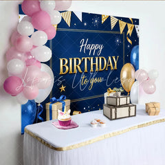 Lofaris Blue and Gold Happy Birthday Backdrop with Balloons and Gifts Elegant Party Background for Celebration Photoshoot