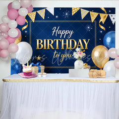 Lofaris Blue and Gold Happy Birthday Backdrop with Balloons and Gifts Elegant Party Background for Celebration Photoshoot