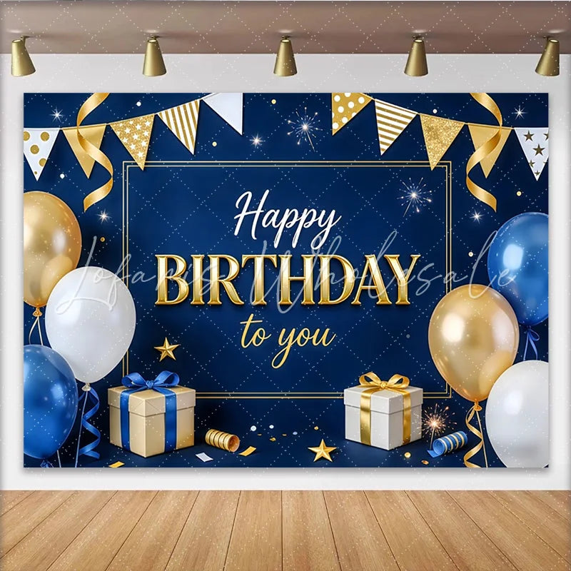 Lofaris Blue and Gold Happy Birthday Backdrop with Balloons and Gifts Elegant Party Background for Celebration Photoshoot