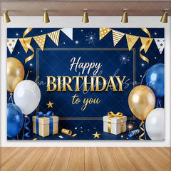 Lofaris Blue and Gold Happy Birthday Backdrop with Balloons and Gifts Elegant Party Background for Celebration Photoshoot