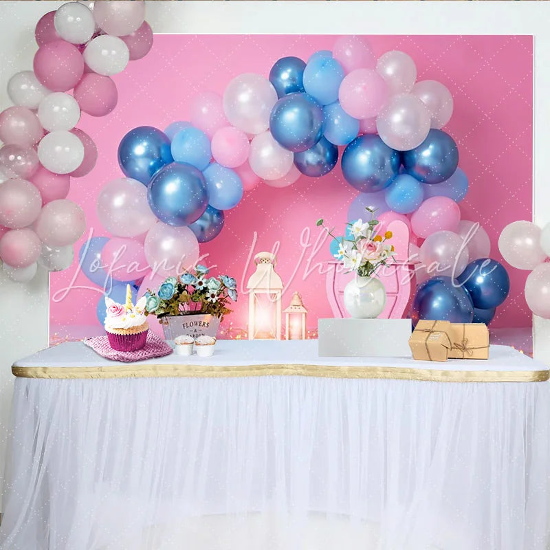 Lofaris Blue and Pink Balloon Arch Cake Smash Backdrop Floral Lantern Table Girl Boy Birthday Party Background
