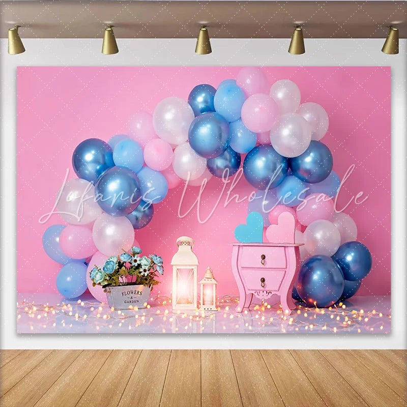 Lofaris Blue and Pink Balloon Arch Cake Smash Backdrop Floral Lantern Table Girl Boy Birthday Party Background