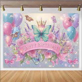 Lofaris Blue and Pink Butterfly Birthday Backdrop Floral Crown Sparkle Background Girl Fairy Princess Party Banner