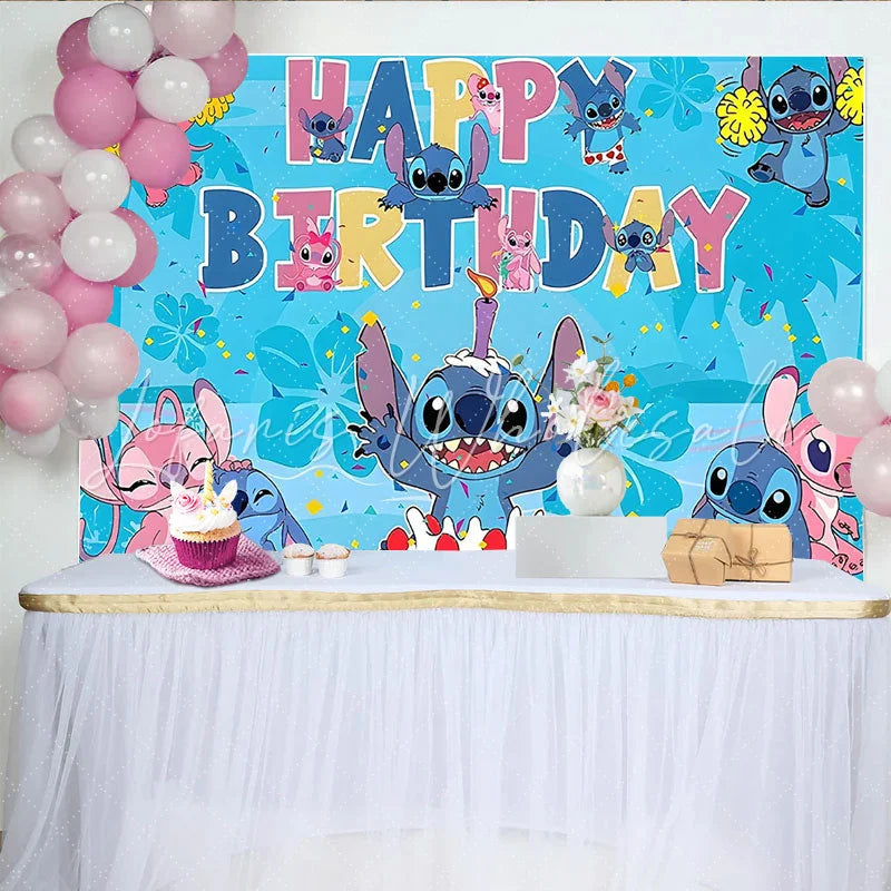 Lofaris Blue and Pink Cartoon Birthday Backdrop with Cake and Confetti Fun Party Background for Kids Celebration