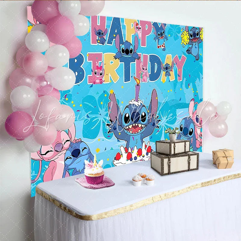 Lofaris Blue and Pink Cartoon Birthday Backdrop with Cake and Confetti Fun Party Background for Kids Celebration