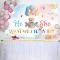 Lofaris Blue and Pink Gender Reveal Baby Shower Backdrop with Teddy Bear and Balloons Gold Glitter Party Decor for Photoshoot