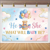 Lofaris Blue and Pink Gender Reveal Baby Shower Backdrop with Teddy Bear and Balloons Gold Glitter Party Decor for Photoshoot