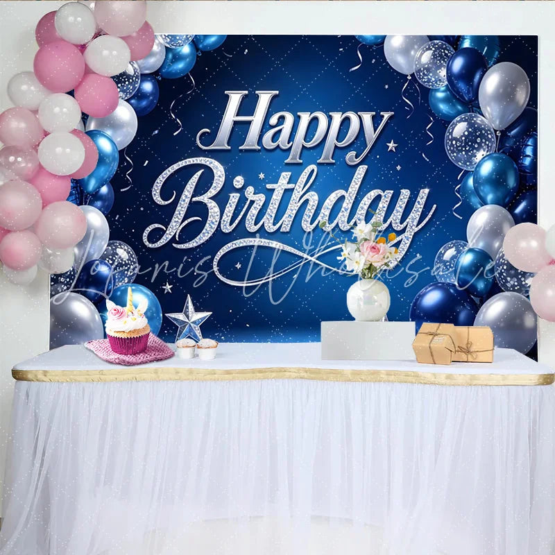 Lofaris Blue and Silver Balloon Happy Birthday Backdrop with Glitter Stars Elegant Party Background for Celebration Photography