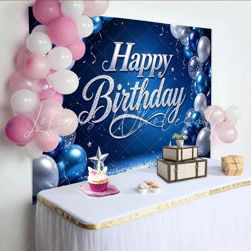 Lofaris Blue and Silver Balloon Happy Birthday Backdrop with Glitter Stars Elegant Party Background for Celebration Photography