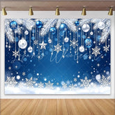 Lofaris Blue and White Christmas Backdrop with Ornaments and Snowflakes Sparkling Winter Holiday Background for Festive Photoshoot