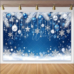 Lofaris Blue and White Christmas Backdrop with Ornaments and Snowflakes Sparkling Winter Holiday Background for Festive Photoshoot