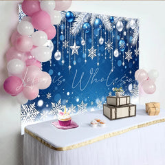 Lofaris Blue and White Christmas Backdrop with Ornaments and Snowflakes Sparkling Winter Holiday Background for Festive Photoshoot