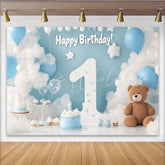 Lofaris Blue and White Clouds and Balloons Happy First Birthday Party Backdrop Number One Celebration Decor