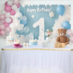 Lofaris Blue and White Clouds and Balloons Happy First Birthday Party Backdrop Number One Celebration Decor