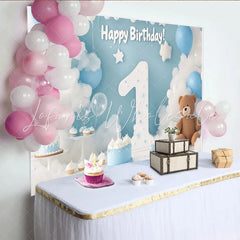 Lofaris Blue and White Clouds and Balloons Happy First Birthday Party Backdrop Number One Celebration Decor