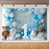 Lofaris Blue and White Happy Birthday Party Backdrop with Number One Teddy Bears and Balloons