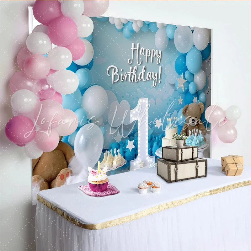 Lofaris Blue and White Happy Birthday Party Backdrop with Number One Teddy Bears and Balloons