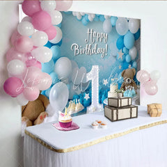 Lofaris Blue and White Happy Birthday Party Backdrop with Number One Teddy Bears and Balloons