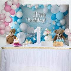 Lofaris Blue and White Happy Birthday Party Backdrop with Number One Teddy Bears and Balloons
