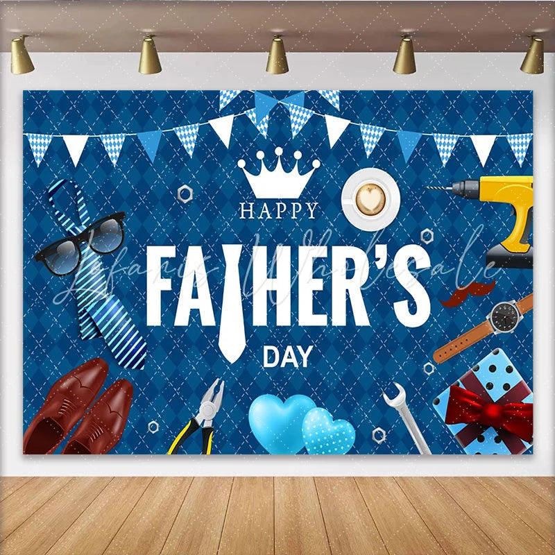 Lofaris Blue Argyle Fathers Day Backdrop with Tie Tools and Gift Box Elegant Celebration Background for Party Decor and Photoshoot