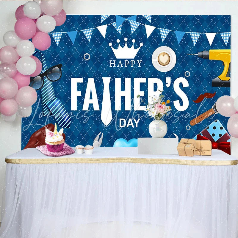Lofaris Blue Argyle Fathers Day Backdrop with Tie Tools and Gift Box Elegant Celebration Background for Party Decor and Photoshoot