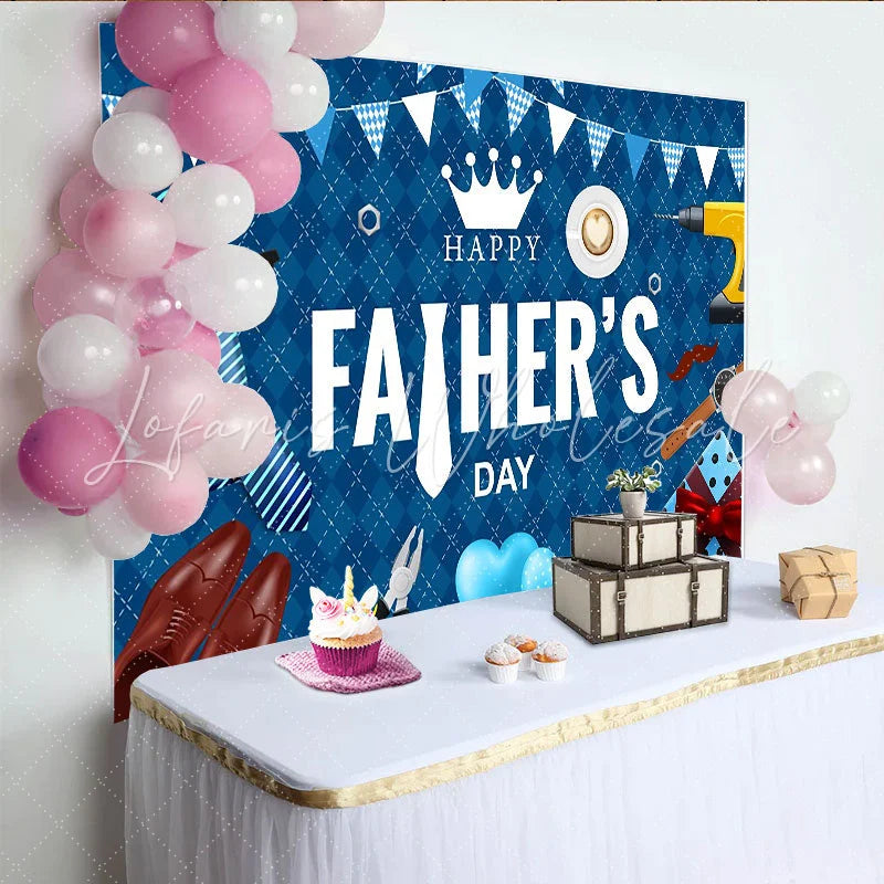 Lofaris Blue Argyle Fathers Day Backdrop with Tie Tools and Gift Box Elegant Celebration Background for Party Decor and Photoshoot