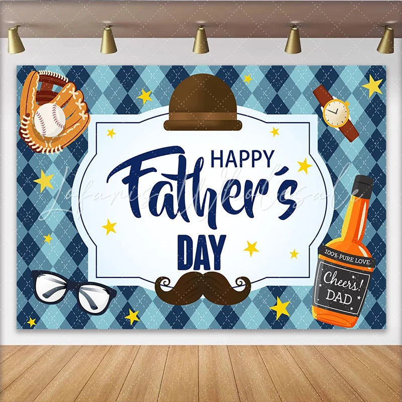 Lofaris Blue Argyle Happy Father’s Day Backdrop with Baseball Glove and Hat Mustache and Glasses Photo Background for Party Decor