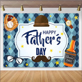 Lofaris Blue Argyle Happy Father’s Day Backdrop with Baseball Glove and Hat Mustache and Glasses Photo Background for Party Decor